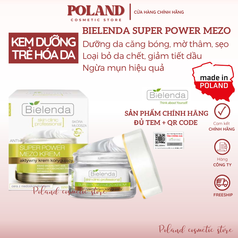 Kem dưỡng Bielenda Super Power Mezo Skin Clinic trắng da chống lão hoá mờ thâm nám giảm mụn 50ml