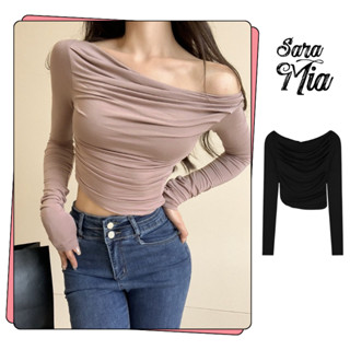 [XẢ KHO] Áo trễ vai nữ dài tay SARAMIA vải cotton co giãn màu đen hồng mặc đi chơi Q12