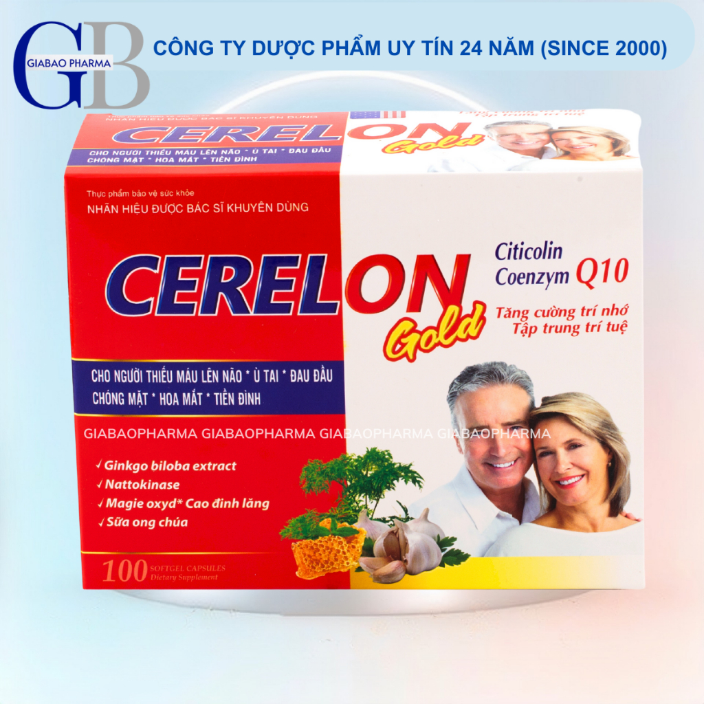 Hoạt huyết dưỡng não Ginkgo Biloba 600mg Cerelon Gold Đỏ hỗ trợ giảm đau nửa đầu, hoa mắt, chóng mặt - Hộp 100 viên