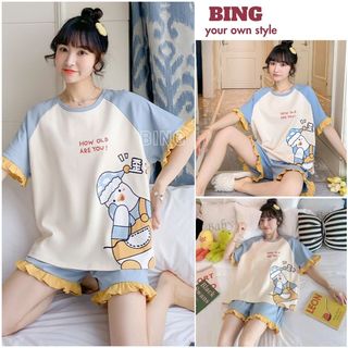 Bộ đồ nữ mặc nhà in hình ngộ nghĩnh, áo cộc tay và quần đùi, phong cách trẻ trung, đáng yêu xinh xắn - BING BNN18