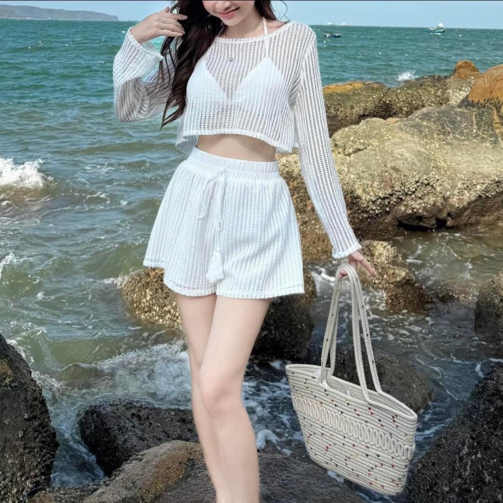 MS977, SÉT BIKINI 3 MÓN ÁO CROTOP TAY DÀI,BRA TAM GIÁC QUẦN CẠP CAO 2 LỚP Trẻ Trung | BigBuy360 - bigbuy360.vn
