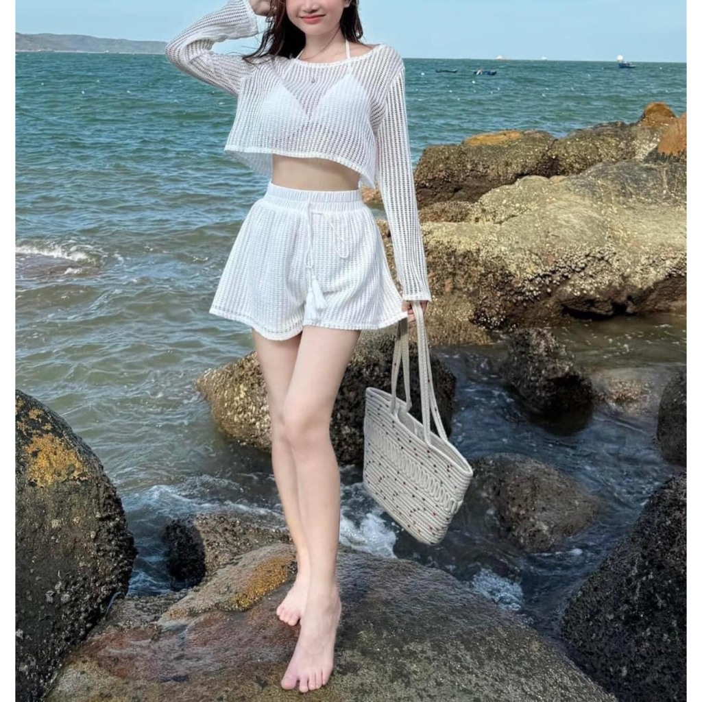 MS977, SÉT BIKINI 3 MÓN ÁO CROTOP TAY DÀI,BRA TAM GIÁC QUẦN CẠP CAO 2 LỚP Trẻ Trung | BigBuy360 - bigbuy360.vn