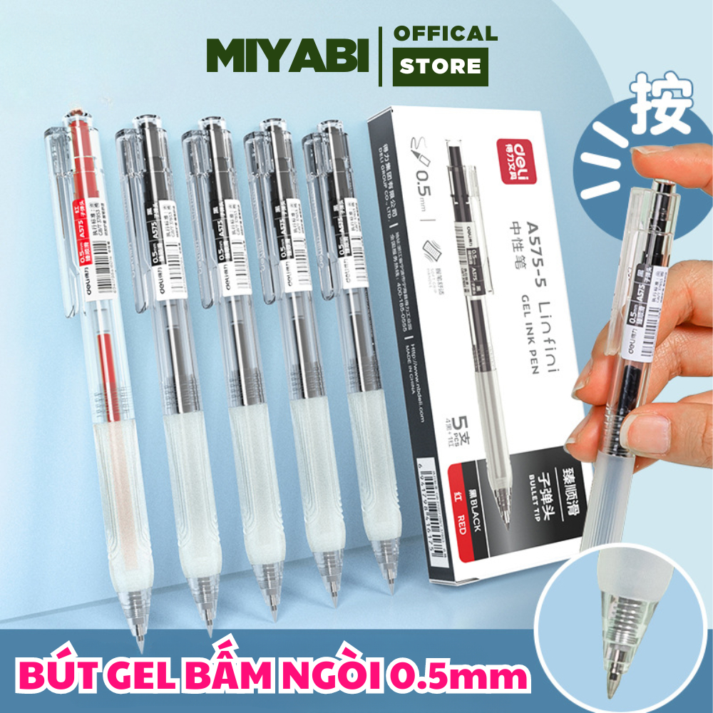 Bút bi nước bấm , bút mực gel Deli A575 , bút gel bấm mực đen trơn tru ngòi 0.5mm - MIYABI STORE