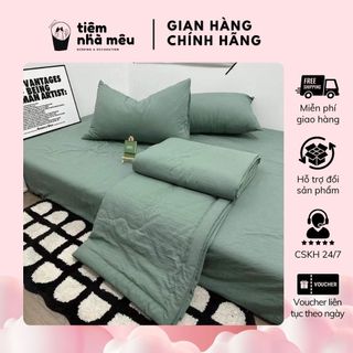 Bộ 4 Món Chăn Mền Ga Gối Cotton Đũi Basic Đơn Sắc Tối Giản Mềm Mịn Thoáng Mát Fullsize Tiệm Nhà Mêu
