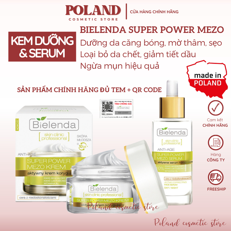 Serum & Kem dưỡng Bielenda Super Power Mezo cho da dầu mụn trắng sáng, căng bóng, mờ thâm, ngừa mụn