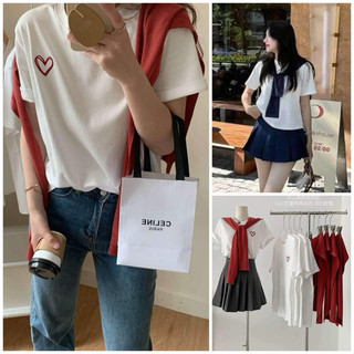 Áo thun babytee in tim kèm khăn choàng. Áo thun cotton co giãn 4 chiều