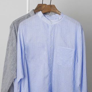Áo sơ mi nam kẻ sọc cổ trụ dài tay, chất vải cotton mềm mại, thấm hút mồ hôi tốt, không nhăn - SEOUL