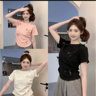  Áo Thun CROPTOP NHIỀU NƠ Cổ Tròn  3 màu hồng-trắng-đen dáng body hót 2024 