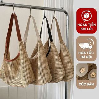 Túi cói đeo vai vintage quai da túi tote dệt thủ công đi chơi dã ngoại phụ kiện chụp ảnh thời trang Gọn Gàng