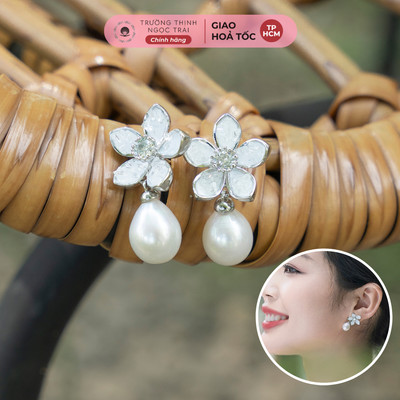 Bông Tai Ngọc Trai Đính Hạt 10ly Mix Charm Bông Hoa Khảm Xà Cừ Tinh Tế, Sang Trọng - Ngọc Trai Trường Thịnh