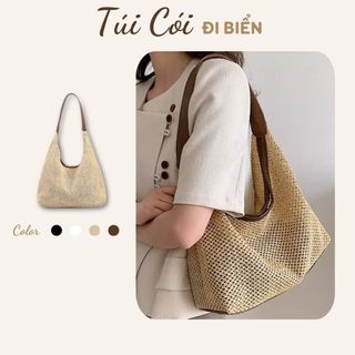 Túi cói đi biển quai da du lịch túi lưới kẹp nách vintage đựng nhiều đồ phong cách Hàn Quốc Gọn Gàng