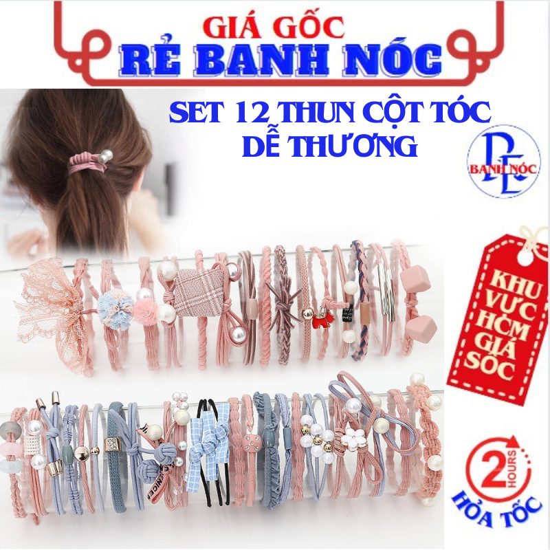 Set 12 Thun Cột Tóc Hàn Quốc Dễ Thương (không hộp) - Dây Chun Cột Tóc Mix Nhiều Mẫu Co Giãn Tốt