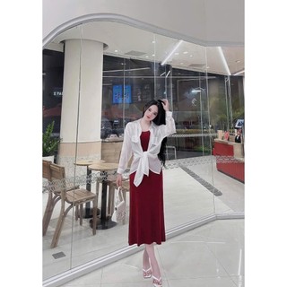 Đầm váy nữ ôm body 2 dây dáng suông nhẹ kèm khoác sơ mi tơ dáng dài thanh lịch