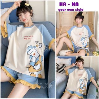 Bộ cộc mặc nhà - đồ ngủ mùa hè chất thun mát mẻ in hình dễ thương cute ngộ nghĩnh đáng yêu - HANA BNN18