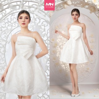 Đầm dự tiệc sang trọng MINA chất liệu gấm hoa nổi thiết kế hai dây dáng xoè đắp nơ ngực (CÓ ĐỆM NGỰC) MN126