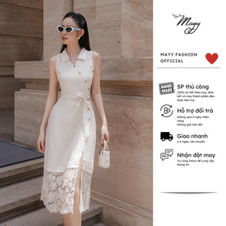 Đầm thiết kế cao cấp mayy fashion linen phối ren dáng dài cột nơ eo trà mi