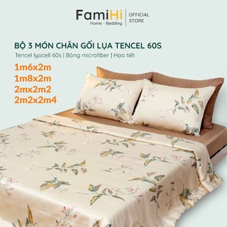 Bộ chăn gối 3 món lụa Tencel FamiHi họa tiết cao cấp, set 1 mền chần bông gòn, 2 vỏ gối 50x70cm.