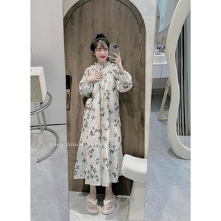 Đầm babydoll họa tiết dáng xòe rộng xinh xắn chất vải lụa tơ 2 lớp siêu mát dáng váy dài rộng thoải mái