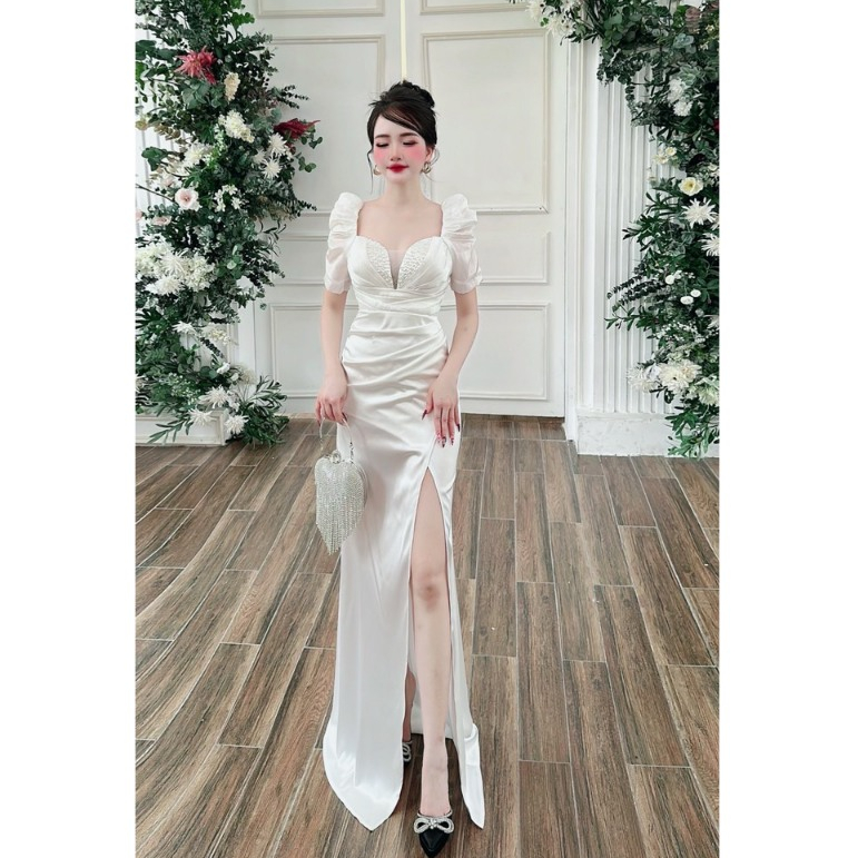Đầm dạ hội lụa tay phồng đính kết
