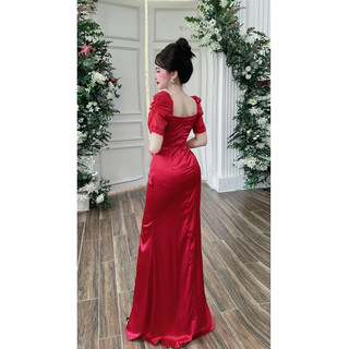 Đầm dạ hội lụa tay phồng đính kết