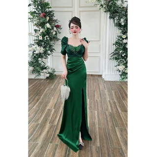 Đầm dạ hội lụa tay phồng đính kết