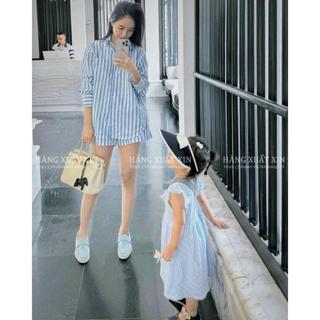 Bộ đồ nữ set áo sơ mi dài tay và quần sort cạp chun ZR vải linen họa tiết kẻ xanh