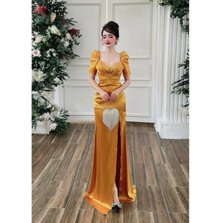 Đầm dạ hội lụa tay phồng đính kết