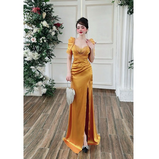 Đầm dạ hội lụa tay phồng đính kết