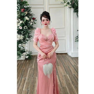 Đầm dạ hội lụa tay phồng đính kết