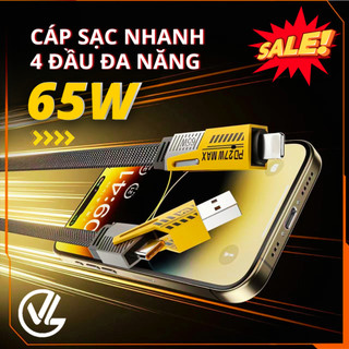 Cáp sạc 4 trong 1, dây cáp sạc sạc nhanh 65w 4 cổng c-l, c-c, usb-c, usb-l chống gập dối- việt linh store