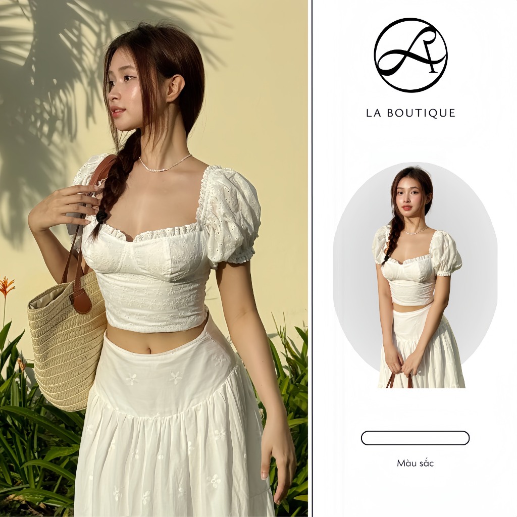 Áo Croptop Tay Phồng La Boutique Nữ Vải Xô Thêu Hoa Phong Cách Tiểu Thư-A005