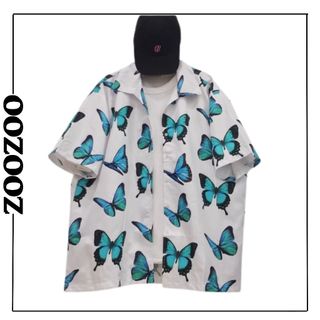 Áo Sơ Mi Tay Lỡ In Họa Tiết Bướm Xanh ZOOZOO (Trắng/Đen)