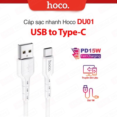 Cáp sạc PD15W USB to Type-C Hoco DU01/X37 hỗ trợ truyền dữ liệu, dây dẻo cứng cáp chống gãy gập, dài 1M