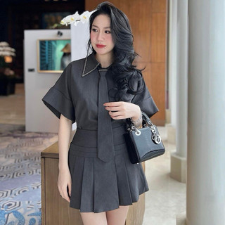 Sét áo sơ mi thô cà vạt viền kim sa kèm chân váy xếp li siêu hot