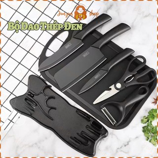 Bộ dao kéo Inox siêu sắc đen 7 món có giá đỡ kèm thớt