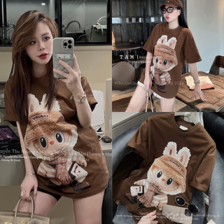 Áo phông nữ , áo phông cotton in hình labubu đeo khăn
