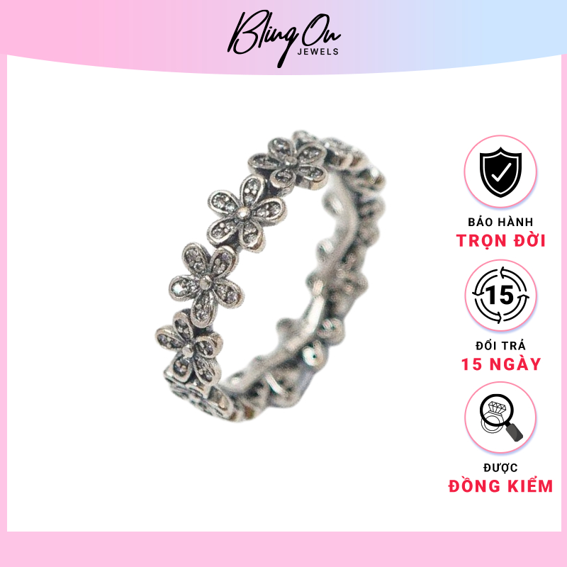 Nhẫn Pandora cánh hoa nhẫn nữ thiết kế màu Bạc đính đá rực rỡ hoa cúc