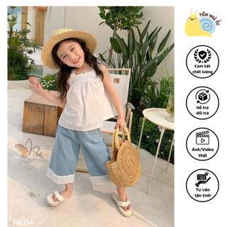 Set bộ hai dây trắng phối quần jean cho bé đi học đi chơi chất thô mềm mịn thoáng mát
