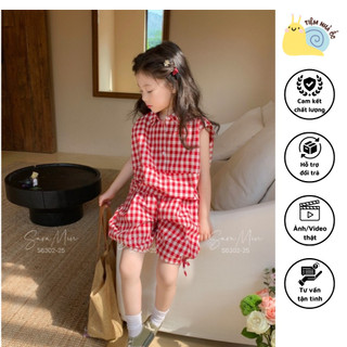 Set bộ quần áo caro đỏ bé gái chất liệu thô cotton mềm mại thoáng mát cho ngày hè năng động