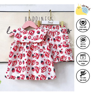 Bộ đồ họa tiết gấu dâu thiết kế cổ hải quân cách tân dễ thương cho bé đi học đi chơi đều xinh