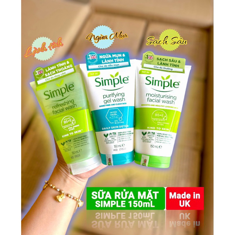 (Chính hãng) Gel sữa Rửa Mặt Simple Cho Da Dầu Mụn Dưỡng Ẩm Da Khô, Nhạy Cảm Dịu Nhẹ SRM Simple 150m
