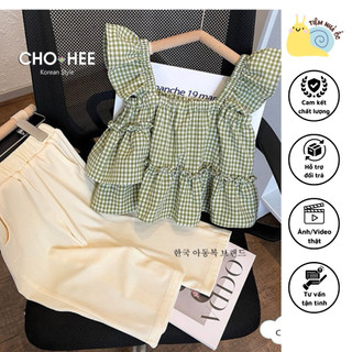 Set bộ caro cổ vuông kèm quần cho bé gái phong cách tiểu thư bánh bèo dáng babydoll