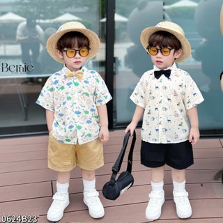 Bộ sơ mi cộc tay bé trai kèm Nơ hoạ tiết Khủng long đáng yêu Bernie - Bộ cộc tay bé trai quần short 9-23kg - 0624B23