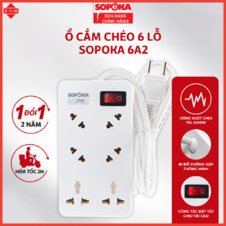 Ổ Cắm 6 Cửa Chéo Lõi Sứ Chống Cháy Sopoka - Chuyên Dùng Cho Phích Cắm To - 2200W - BH 2 Năm