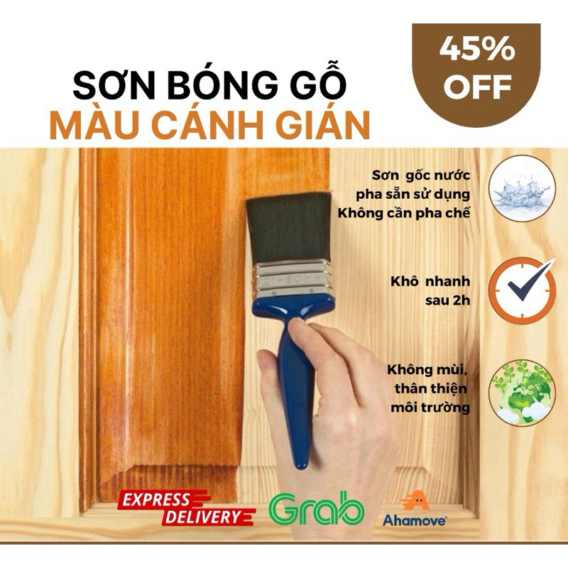 Sơn phủ bóng gỗ PU hệ nước pha sẵn màu cánh gián..., một thành phần, không mùi, dùng cho đồ gỗ nội n