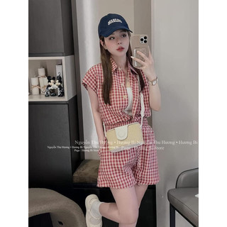Set bộ kẻ caro đỏ tay hến sơ mi
