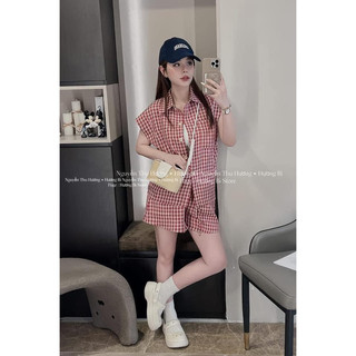 SET BỘ KẺ CARO ĐỎ TAY HẾN SƠ MI
