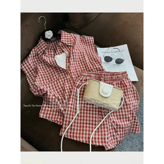 SET BỘ KẺ CARO ĐỎ TAY HẾN SƠ MI