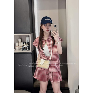 SET BỘ KẺ CARO ĐỎ TAY HẾN SƠ MI