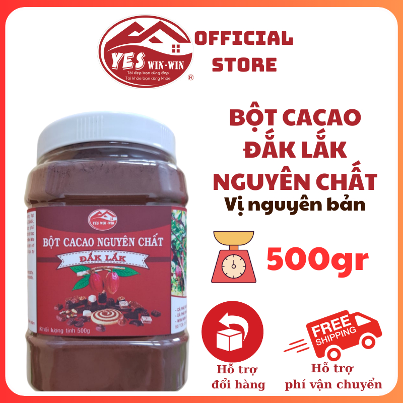 Bột Cacao Nguyên Chất từ Đắk Lắk  lon 500g Hương vị Thơm Ngon Đậm Đà Không Đường - Yeswinwin